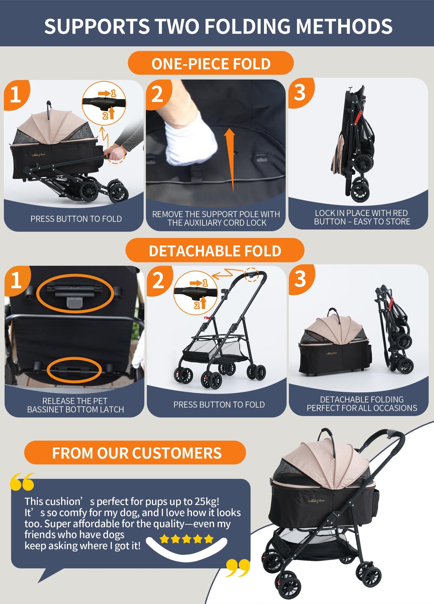 MILA&LOUIS Dog Stroller, 26" Pet Cradle for Medium Dog, Lightweight Foldable Dog Stroller for Multiple Small Pets Durable PU 4-Wheel Dog Strollers, Pet Stroller for Dogs & Cats up to 25Lbs