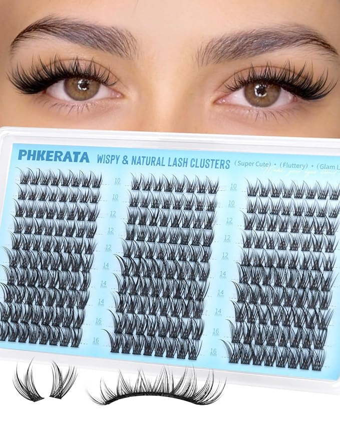 PHKERATA Eyelash Clusters Natural Lash Clusters Eyelash Extensions 240Pcs Wispy Cluster Lashes 10-16mm Lash Extension DIY Soft C Curly Individual Lashes with Thin Lash Band