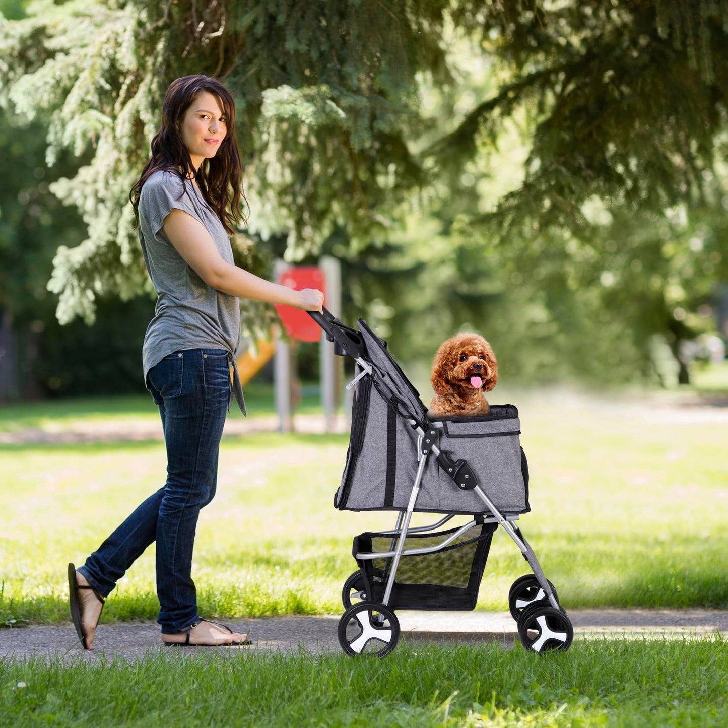 Epetlover 4 Wheels Dog Stroller Folding Pet Strolling Cart for Small Medium Cats Puppies Portable Jogger Travel Camping Puppy Carrier with Storage Basket Cup Holder, Gray