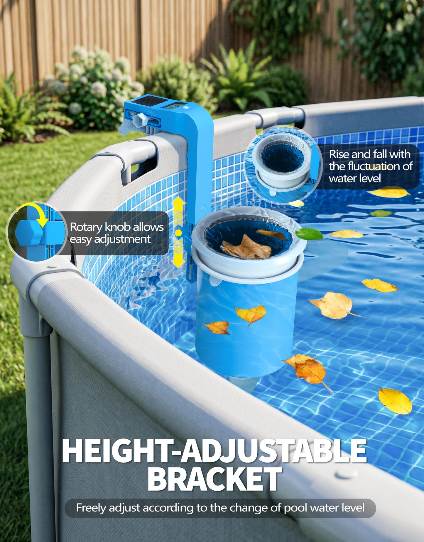BluSwim Above Ground Pool Skimmer with Solar Digital Thermometer | Wall Mount Surface Skimmer - Auto Skimming Pool Floating Debris | 2 Upgraded Bracket - More Stable & Height Adjustable