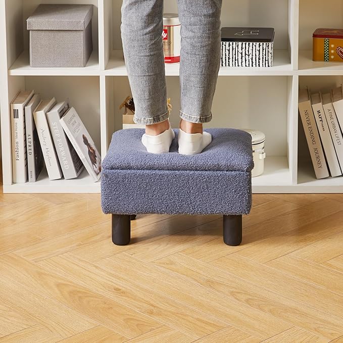 Aibiju Foot Rest for Couch, Foot Stool Ottoman with Wood Legs, Teddy Velvet Ottoman with Storage 16x12x9.5inch Flip Top Small Stool for Living Room Dorm Teddy Gray YD-JD136G