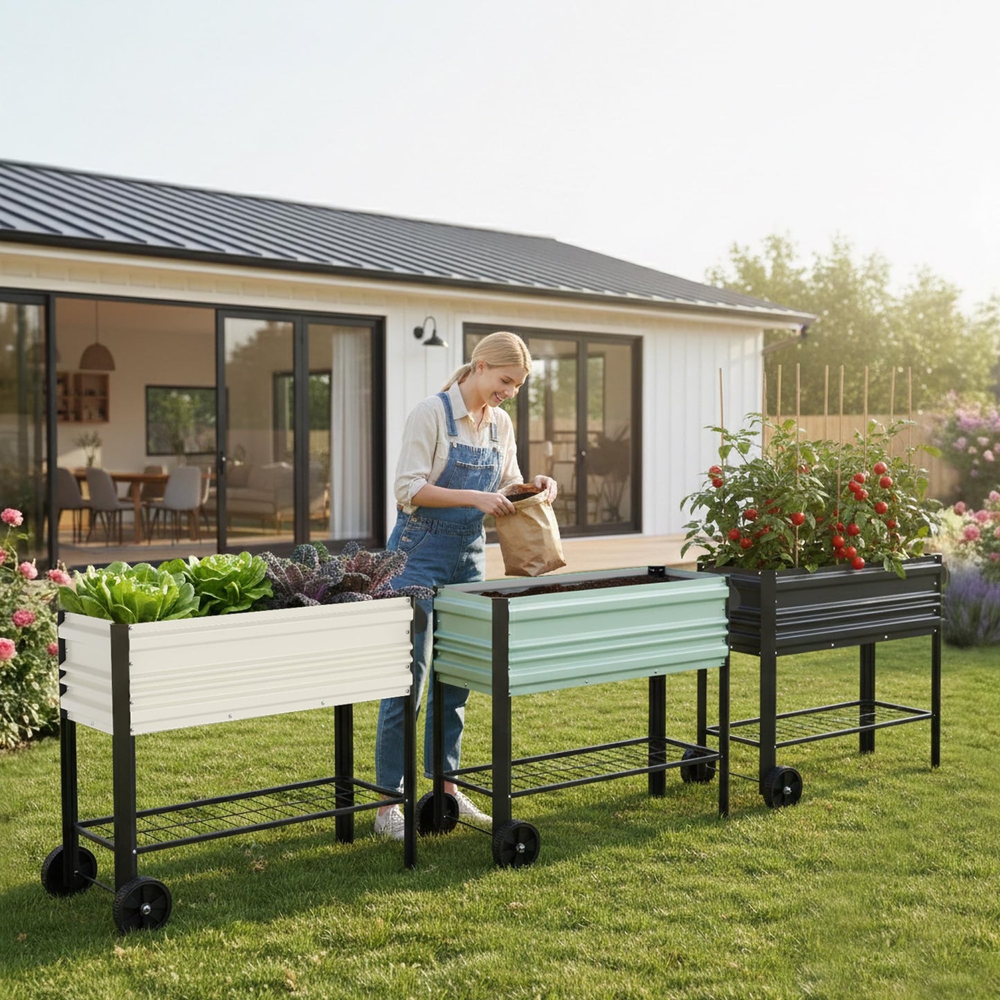 WORKPRO Galvanized Raised Garden Bed with Legs & Wheels, 37x14.6x31.6in, 400LB Capacity Elevated Planter Box for Garden, Backyard, Patio & Deck, Light Green