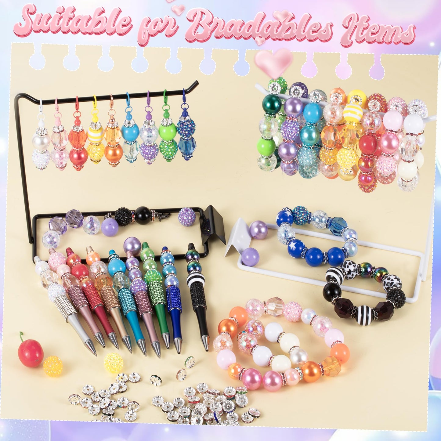 180 PCS Focal Beads for Pen Making, Include 100 PCS 20mm Rhinestone Beads 20 PCS 16mm Bubblegum Bead and 60 PCS Rondelle Spacer Bead, Perfect for DIY Pen Keychain Bracelets Jewelry
