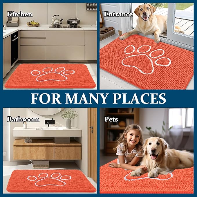 OLANLY Dog Door Mat for Muddy Paws 36x24, Paw Print Design, Absorbs Moisture and Dirt, Absorbent Non-Slip Washable Doormat, Quick Dry Chenille Mud Mat for Dogs, Entry Indoor Entryway Carpet, Coral
