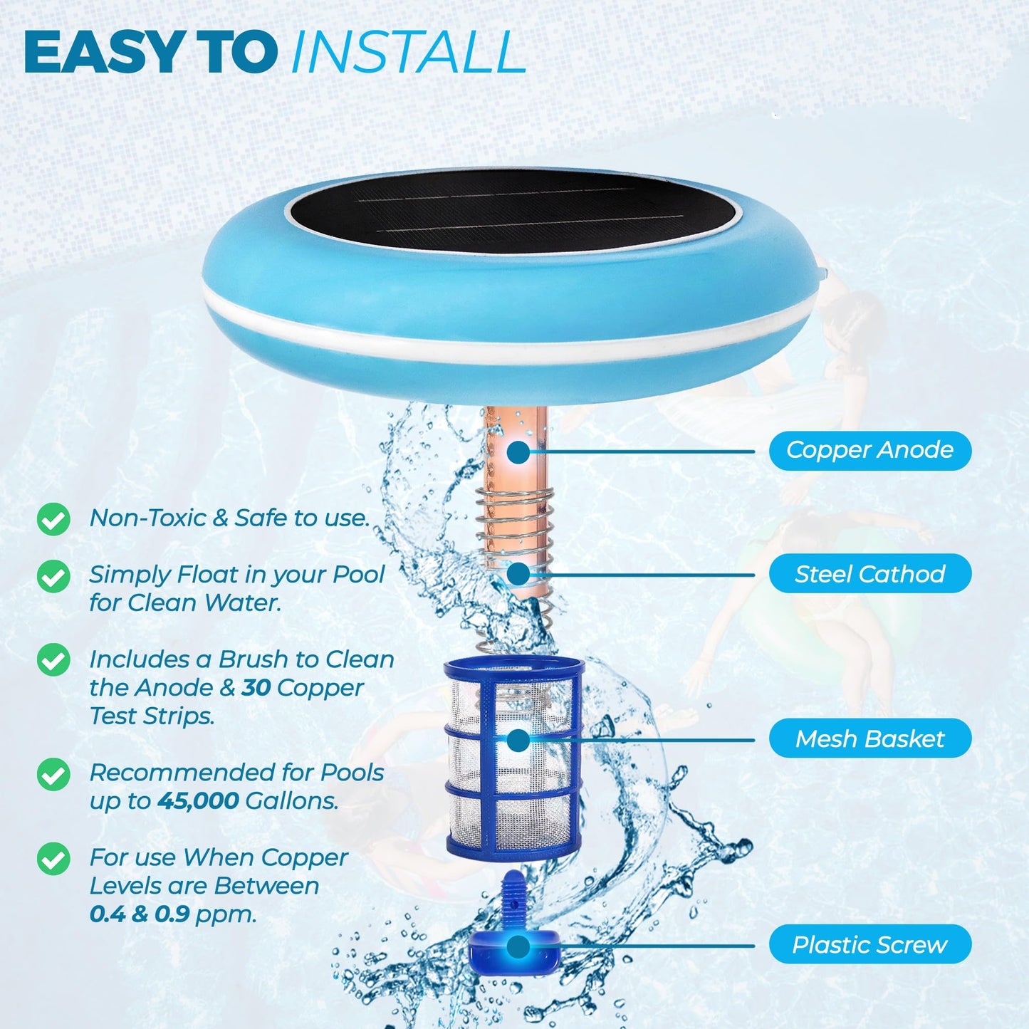 Solar Pool Ionizer - Enhanced with Latest Solar Technology & Longer-Lasting Anode | Reduces Chlorine- Mineral-Based Pool Cleaning Device | 85% Less Chlorine for Pools Up to 45,000 Gallons