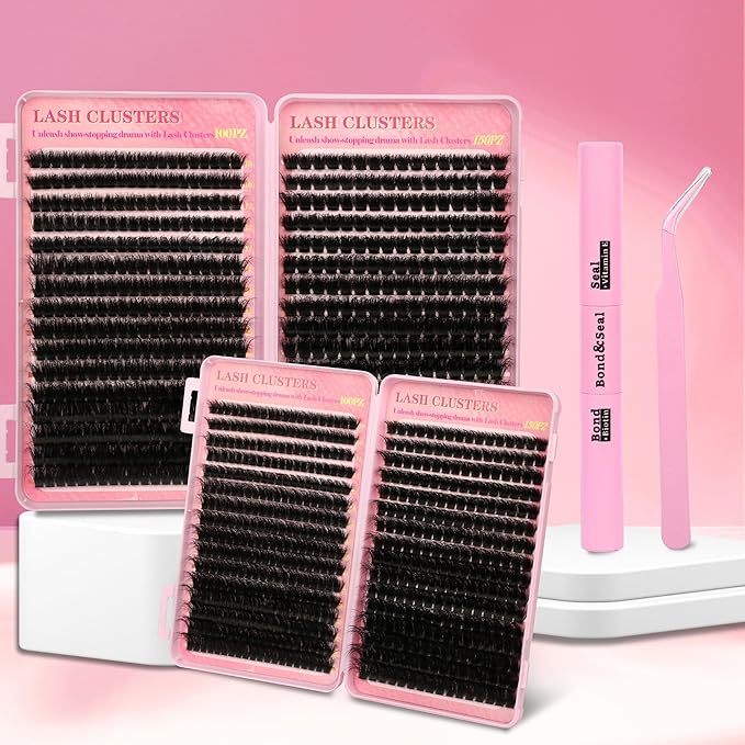 Lash Clusters Kit 560Pcs Cluster Eyelash Extensions Volume 100D 150D Eyelash Clusters D Curl Lashes Clusters DIY Individual Lash Clusters Eyelash Glue Lash Tweezers