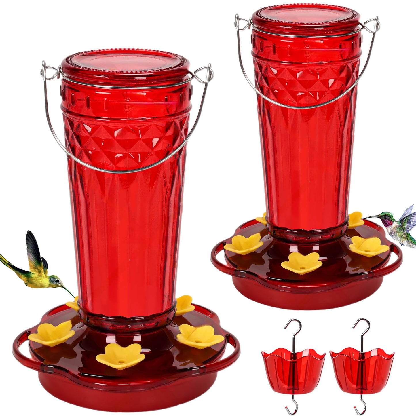 2 Pack Glass Hummingbird feeders for Outdoors 14Ouncesï¼5 Feeding Ports Hummingbird Feeder,Wide Mouth for Easy Filling/Cleaningï¼Hanging for Garden Backyard Decor, Includes Ant Moat (Redï¼2Pack)