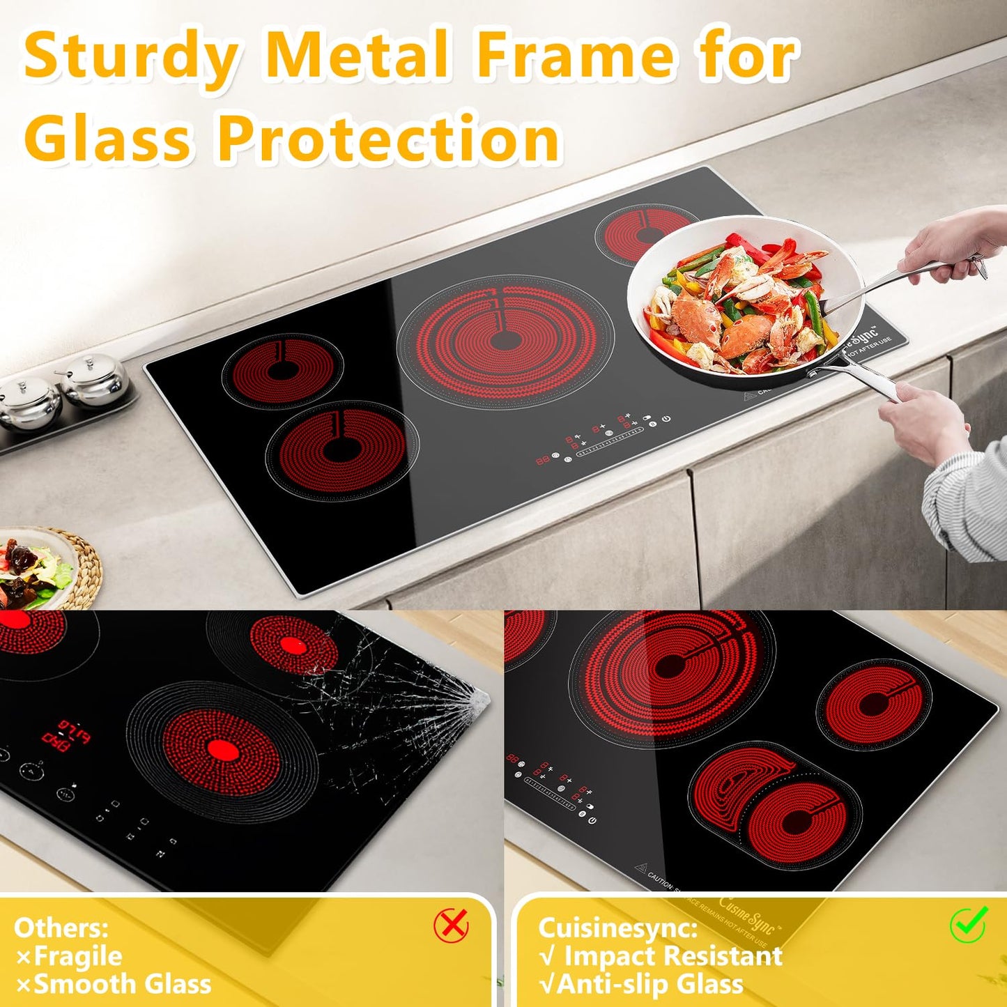 36 Inch Electric Cooktop 5 Burner, 9200W Built-In Ceramic Radiant Stove Top, 240V Hardwired, Works with All Cookware, Touch Control, Timer, Child Lock, Easy Clean Glass Surface