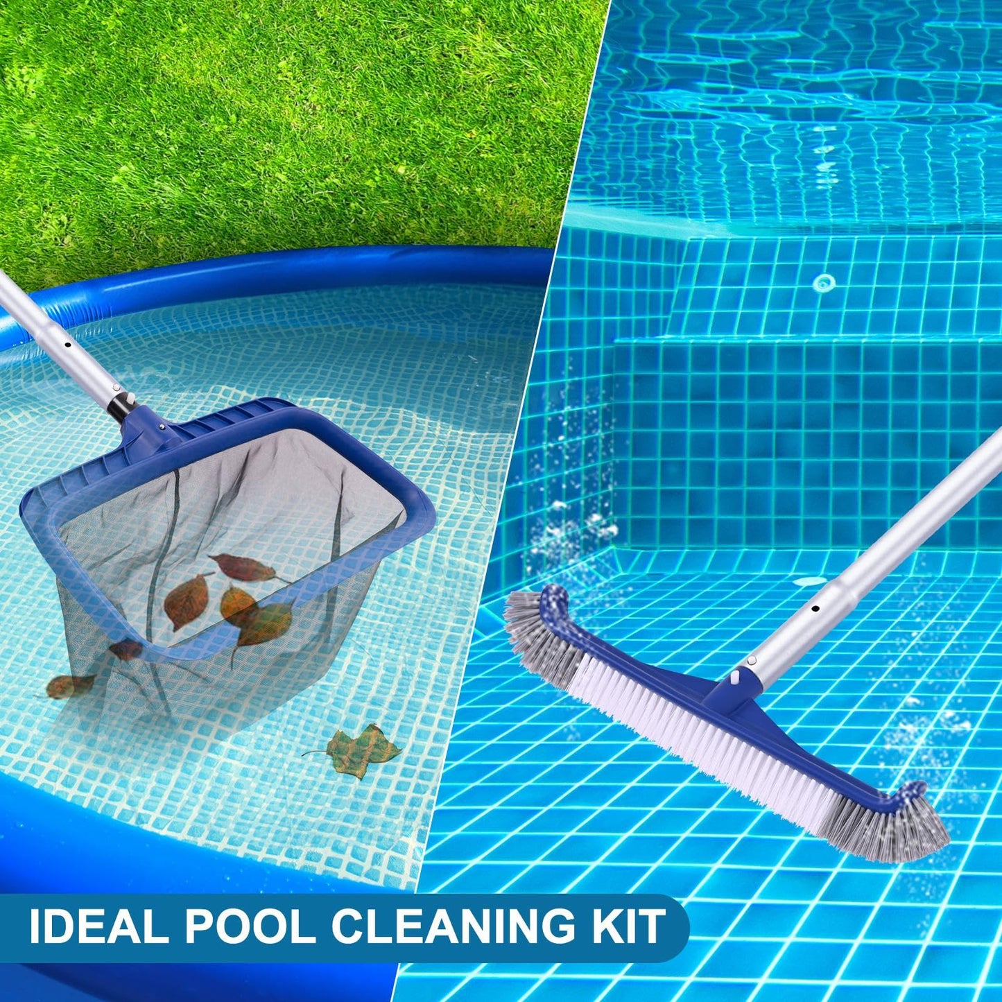 POOLAZA Pool Cleaning Kit, Including Pool Brush & Ultra Fine Mesh Pool Skimmer Net with Pole, Pool Net Skimmer & 17.5'' Pool Brush Head with 10.5ft Aluminum Pool Pole, Pool Net and Brush with Pole