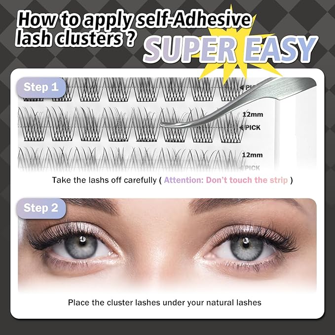 Self Adhesive Eyelashes, 156 Pcs Self Adhesive Eyelash Clusters, No Glue Needed, Invisible Strip Tape - Longer Lasting, No Sticky Residue Pre Glued Eyelashes (Natural-Mixed)â¦
