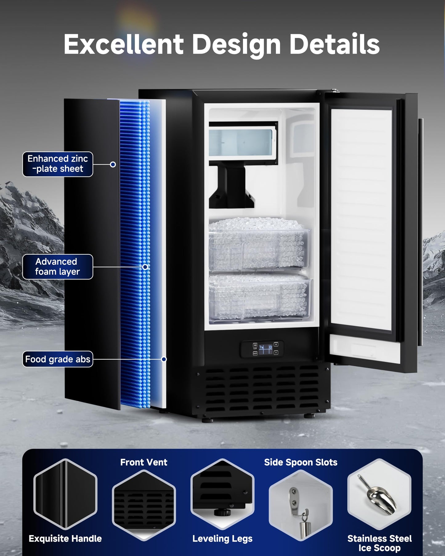 ICEVIVAL Under Counter Ice Machine, Ice Maker Machine 66 Lb/Day, Built-in Freestanding Nugget Ice Maker with 2-Drawer Ice Baskets, Auto-Cleaning & 24H Timer, Idea for Home Use (Black)
