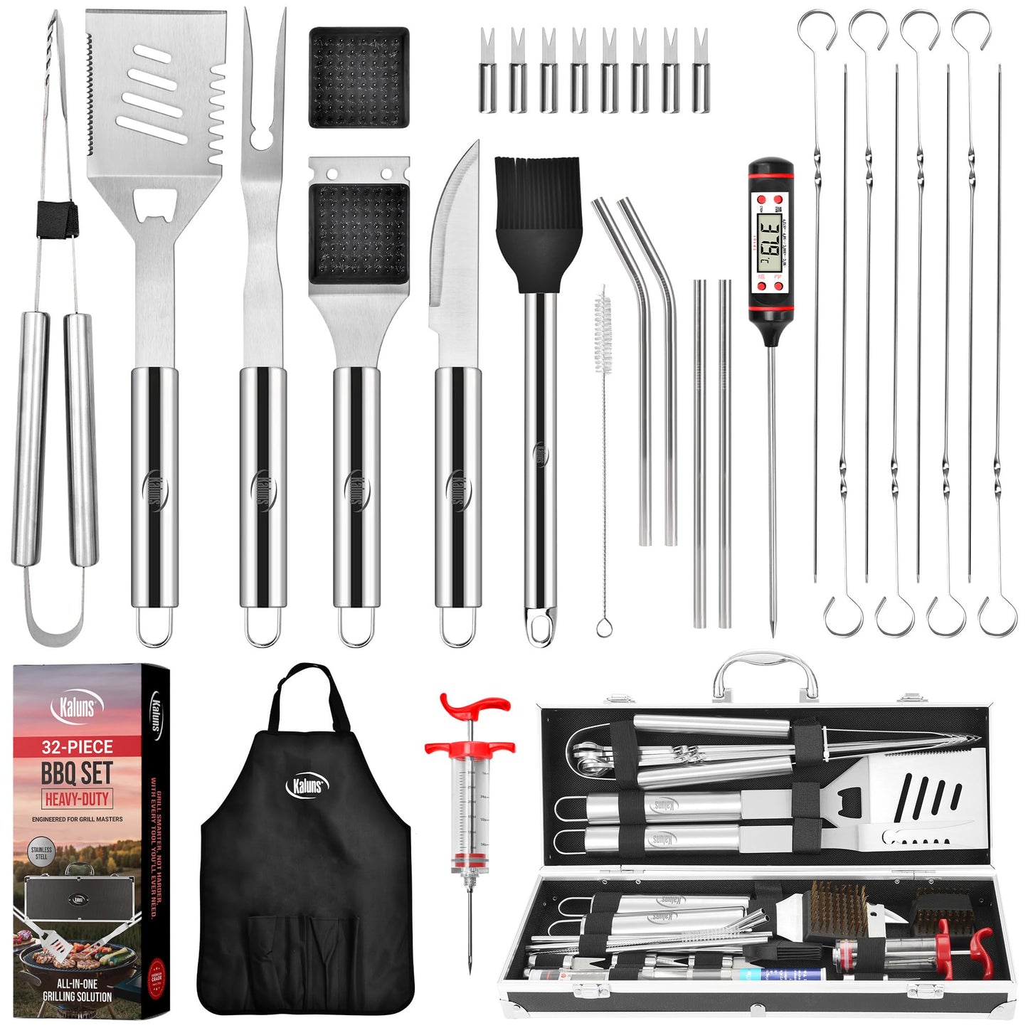 Kaluns 32 Psc Grilling Accessories, Dad Gifts for Fathers Day, Heavy Duty Stainless Steel Grill Set BBQ Grill Accessories for Outdoor Grill with Aluminum Case and Apron, Best Gifts for Men