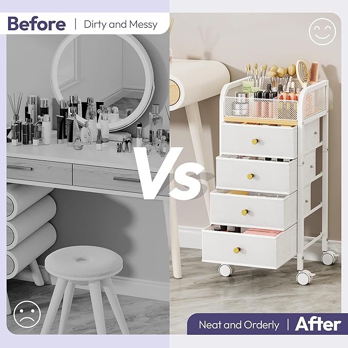 SWTYMIKI Rolling Makeup Organizer Cart - Under Desk Vanity Makeup Storage with 4 Non-woven Drawers, Nail Cart Organizer Cosmetic Display Cases Cabinet for Skin Care Perfume Nail Polish Brush Hair Tool