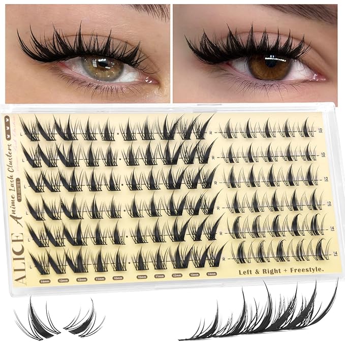 ALICE Lash Clusters with Spikes Anime Eyelash Clusters Natural Manga Eyelash Extensions 10-14mm Lash Extensions Thin Band DIY Left & Right Individual Lashes Cat Eye
