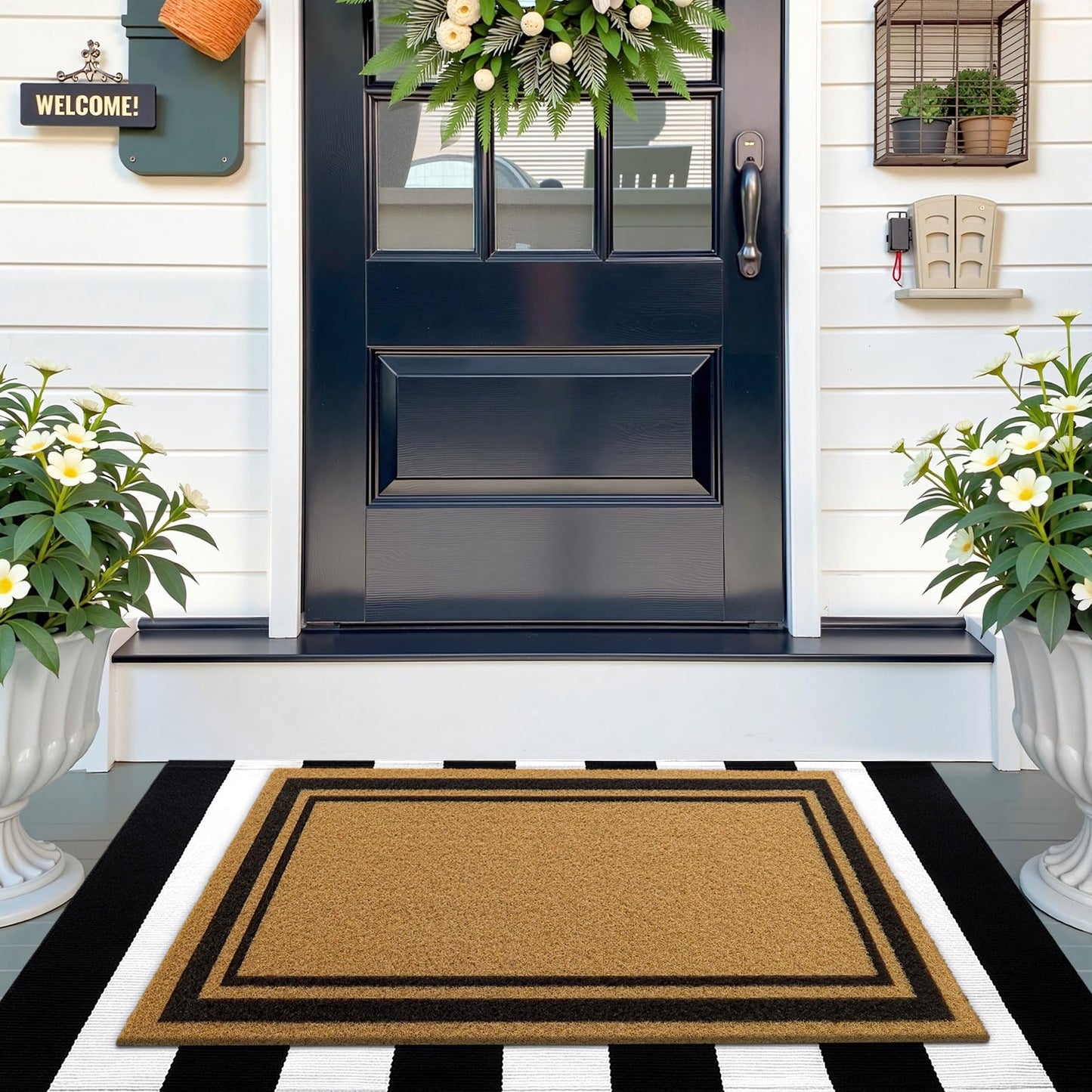 OLANLY Front Door Mat, Low Profile Doormat, Stain and Fade Resistant, Easy to Clean, for Indoor and Outdoor Entrances, Patio Porch or Entryway, Brown (59x34 Inch, Classic Border)