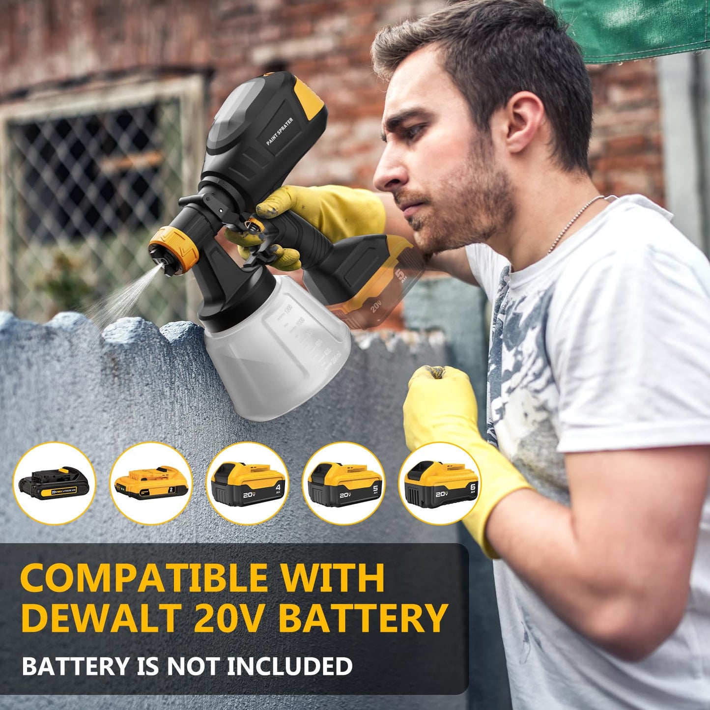 Brushless Cordless Paint Sprayer for Dewalt 20V Battery,4 Nozzles,150 Din/s Viscosity,1000ml/min Flow Rate & 1200ML Electric Paint Gun for Furniture, Walls (Battery Not Included) (Yellow)