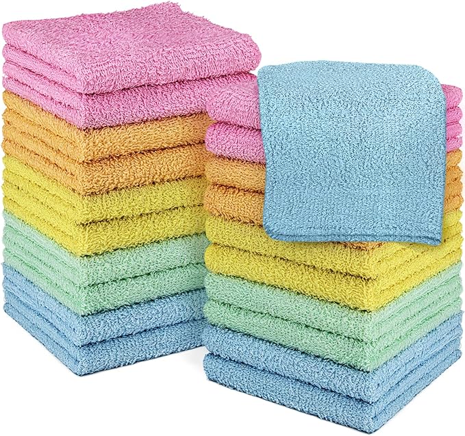DecorRack 20 Pack 100% Cotton Wash Cloth, Luxurious Soft, 12 x 12 inch Ultra Absorbent, Machine Washable Washcloths, Assorted Colors (20 Pack)