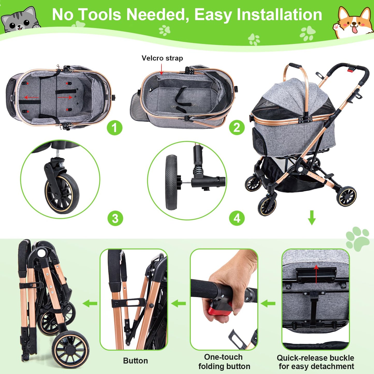 LENSEMUS Dog Stroller for Max 45 lbs Dogs - 3 in 1 Pet Stroller with Detachable Storage Basket 4 All-Terrain Rubber Wheels Pull Rod Durable Travel Carrier for Medium Dogs 2 Small Cats (Grey)