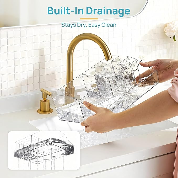 Vtopmart 8 PCS Bathroom Countertop Organizer, 1 Divided Tray with 4 Qtip Holder Jars and 3 Drawers, Restroom Clear Organizers for Toothbrush, Cotton Pads, Vanity Accessories Storage Set