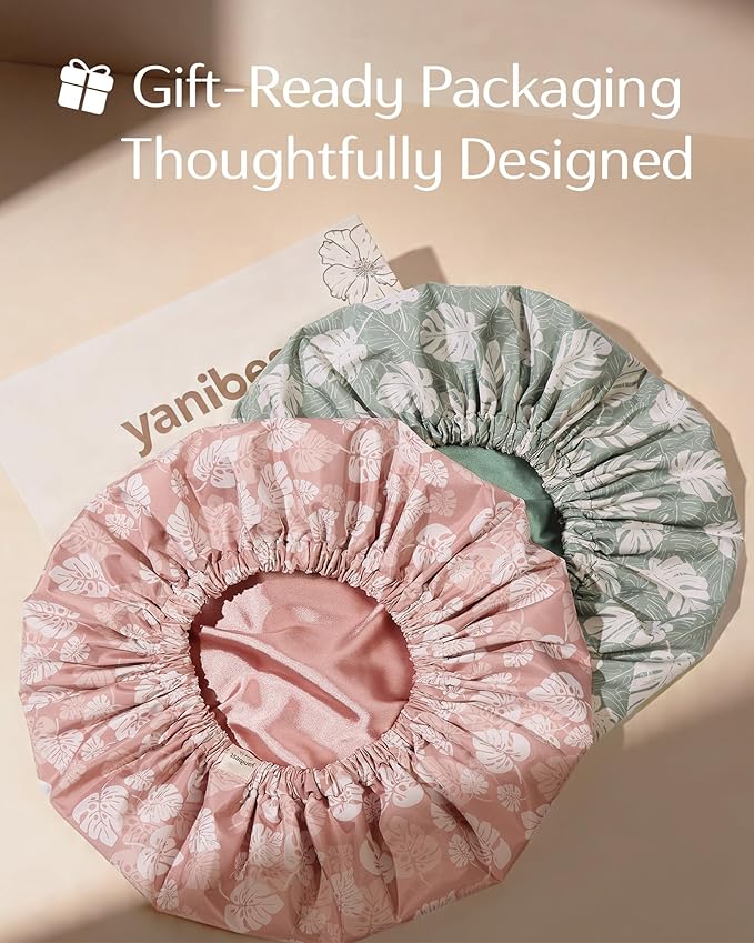 Yanibest Satin Lined Shower Cap for Women Reusable Waterproof, Frizz Free & Large Bath Cap with Soft Elastic Band, Luxury Hair Protection Caps (Green Leaves)