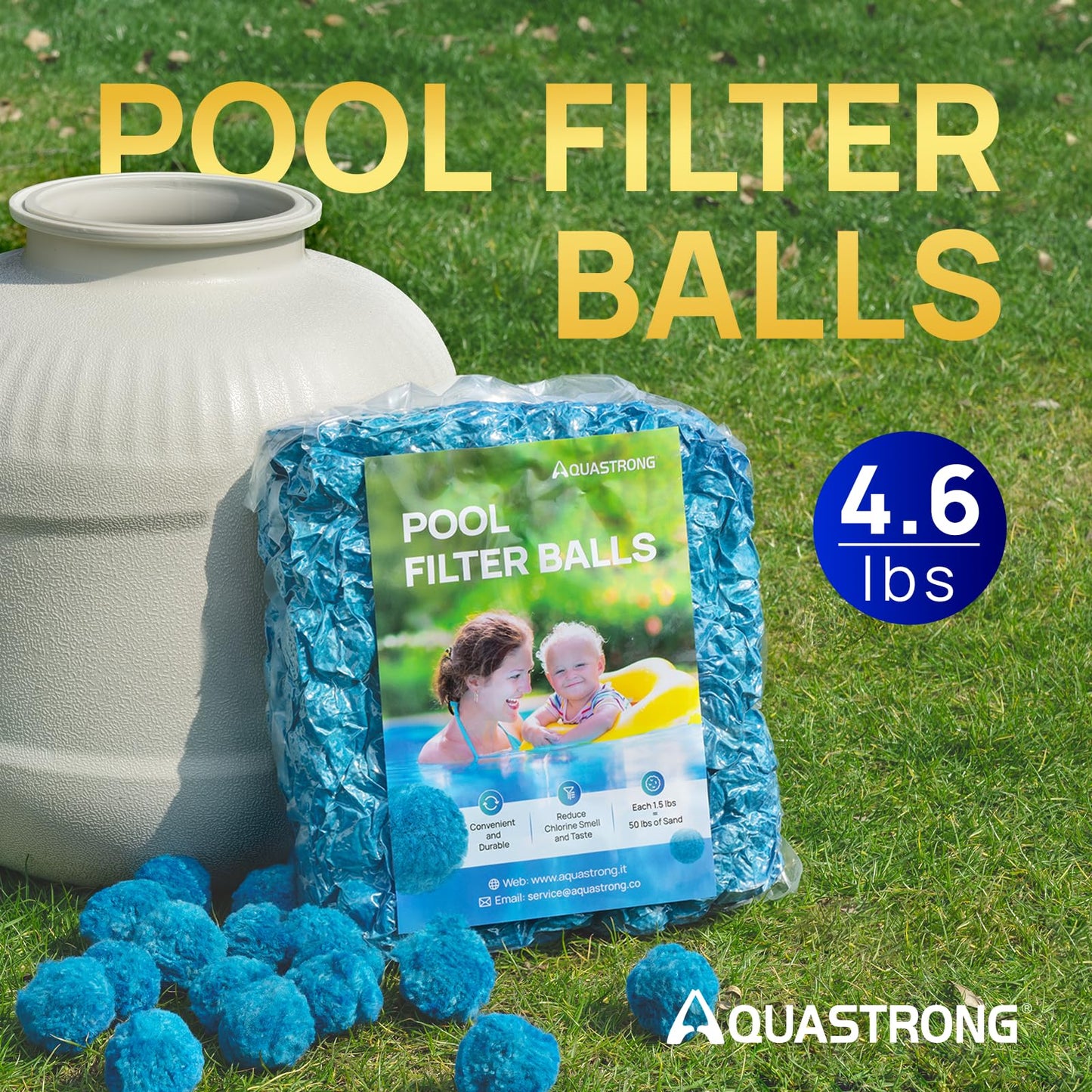 AQUASTRONG Pool Filter Balls for Sand Filter Pump, 4.6 lbs Reusable Sand Filter Balls (Replaces 150 lbs Pool Filter Sand), Efficient Blue Filter Balls for Swimming Pools, Filter Pumps, Aquariums