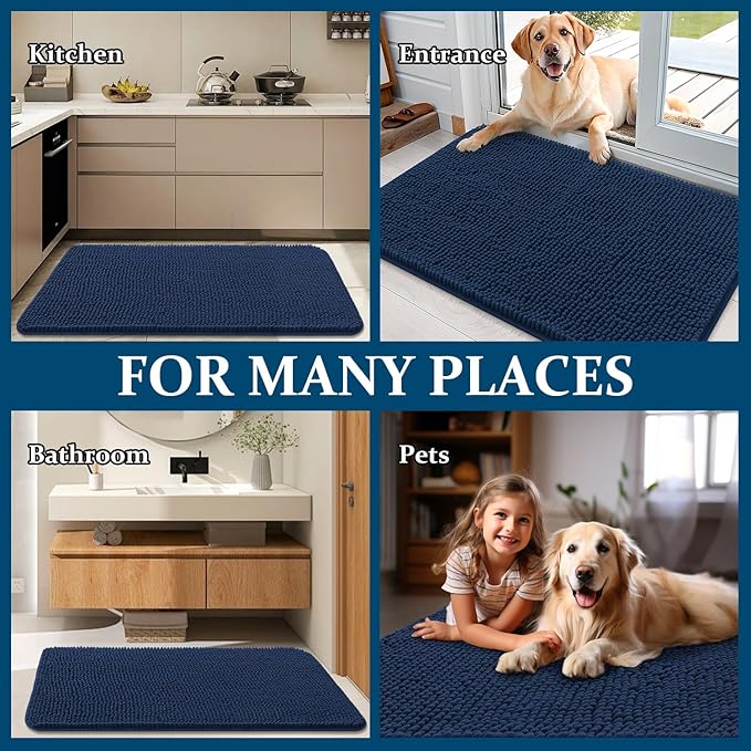 OLANLY Dog Door Mat for Muddy Paws 59x35, Absorbs Moisture and Dirt, Absorbent Non-Slip Washable Doormat, Quick Dry Chenille Mud Mat for Dogs, Entry Indoor Entryway Carpet for Inside Floor, Dark Blue