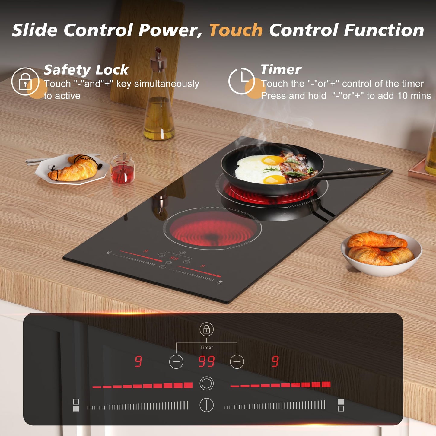 Karienvir 2 Burner Electric Cooktop 220V-240V, 12 Inch Electric Stove Built-in, 9 Power Levels Sliding Control, Electric Cooktop with Timer, Safety Lock, Extended Zone, 3200W, Hard Wire(No Plug)