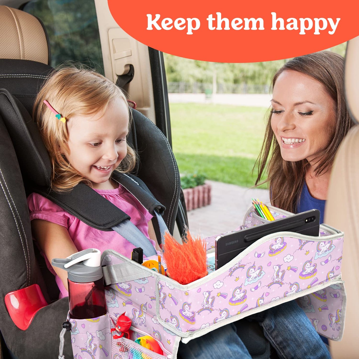 PILLANI Kids Travel Tray for Car - Carseat Tray for Toddler, Road Trip Must Haves with Cup Holder & Drawing Board - Toddler Airplane Travel Essentials for Girls - Car Accessories for Kids