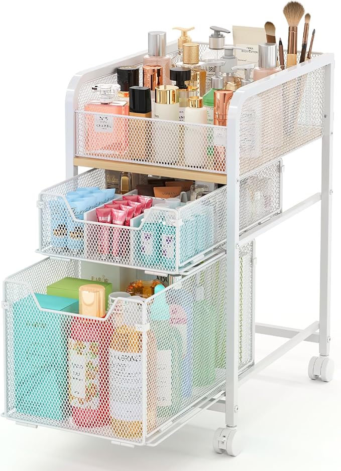 Hongtamoya Rolling Makeup Cart Organizer with 2 Drawers, Narrow Floor Skincare Organizers, Vanity Organizer Cosmetics Display Cases Holder for Skin Care Nail Polish Perfume Makeup Brush, White