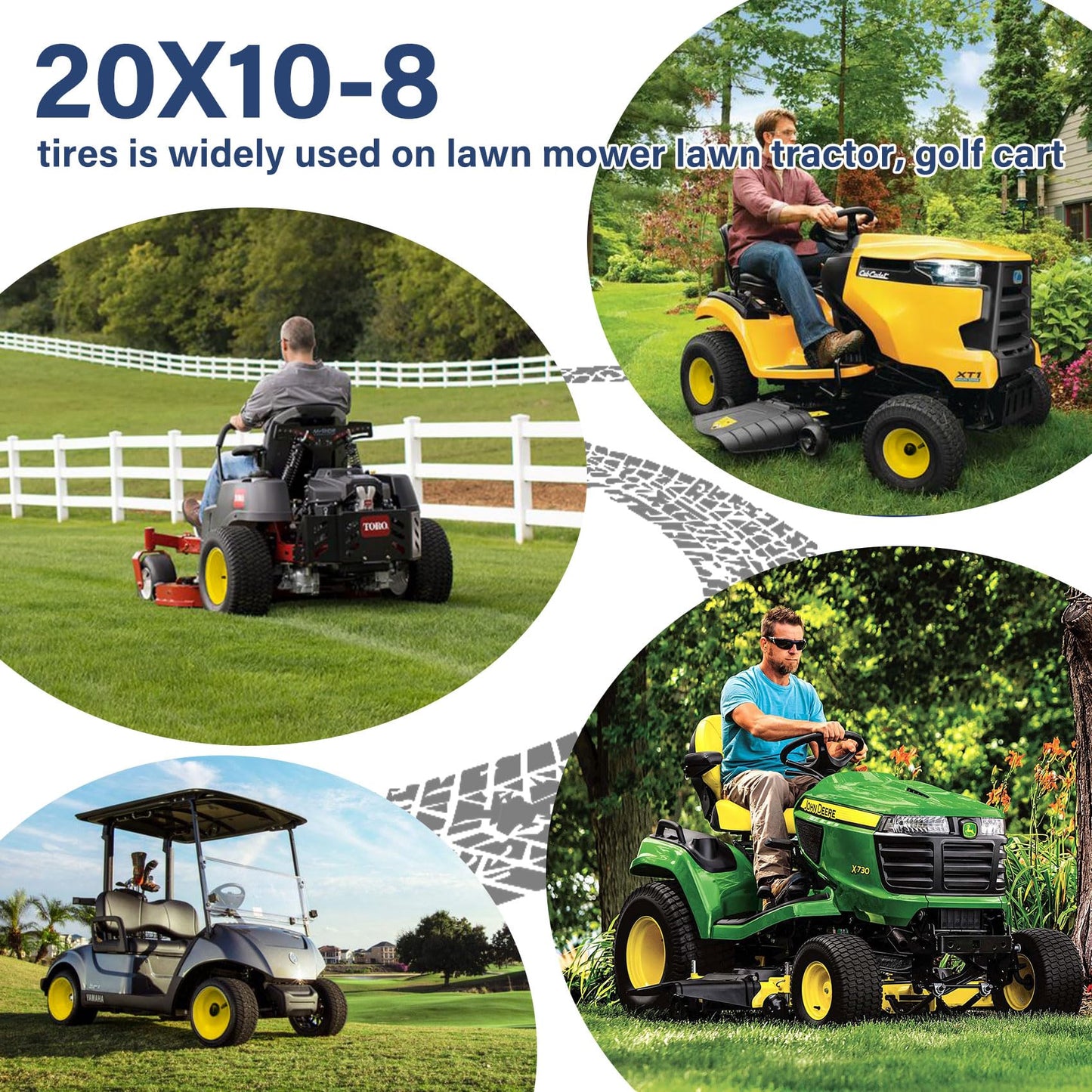 2Pcs 20x10.00-8 Lawn Mower Tires, Rear Tire and Wheel Assemblies for Riding Lawn Mowers, 4-Ply Tubeless Turf-Friendly Tires with 3/4" Borehole, 3.5" Offset Hub and 3/16" Keyway, 1190LBS Load Capacity