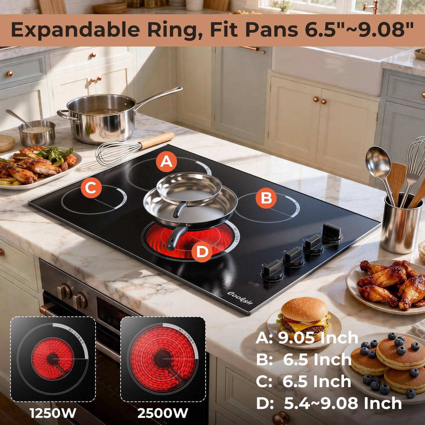 Cooksir Electric Cooktop 30 Inch - 4 Burner Built-in(29.13"x19.3") Electrical Stovetop 7400W, 30 In Radiant Electric Stove with Glass Protection Metal Frame, Auto Shut Off, 220-240V Hard Wired