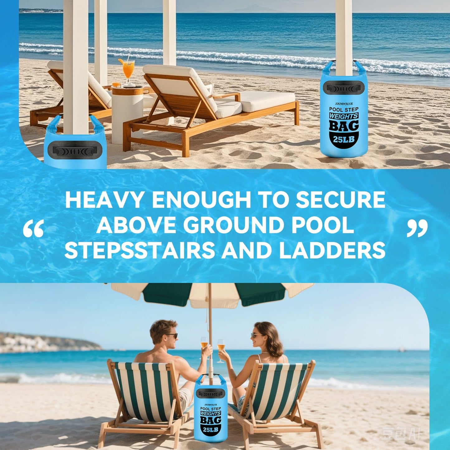 2 Pack 25lb Heavy Duty Pool Ladder Weights, Universal Above Ground Pool Step Sand Bags with Handles, 500D PVC Durable Waterproof & Foldable Sandbags for Swimming Pool Stairs (Sky Blue)