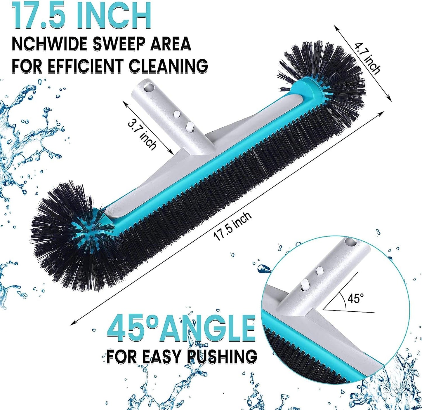 Swimming Pool Brush Head with Round Ends,17.5" Heavy Duty Aluminum Back Head for Cleans Walls, Tiles & Floors, 7 Rows Premium Nylon Bristles with EZ Clips (Blue Black)