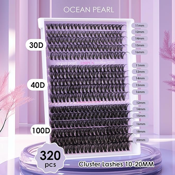 Ocean Pearl Lash Clusters 320PCS Natural Individual Lashes 11-20MM 30D 40D 60D Thick Volume Eyelash Extensions Soft Eyelashes Eyelash Clusters DIY Lash Extension-30+40+60D