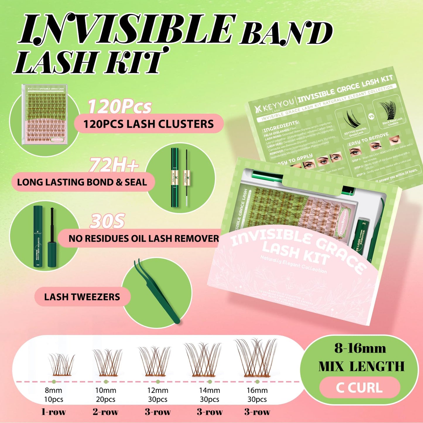 KEYYOU Venus Brown Lash Clusters Kit Fairy Lash Extension Kit C Curl 120Pcs Eyelash Extension Wispy Natural Invisible Band Lash with Waterproof DIY Lash Extension Kit at Home(Venus Brown-C-8-16MIX)
