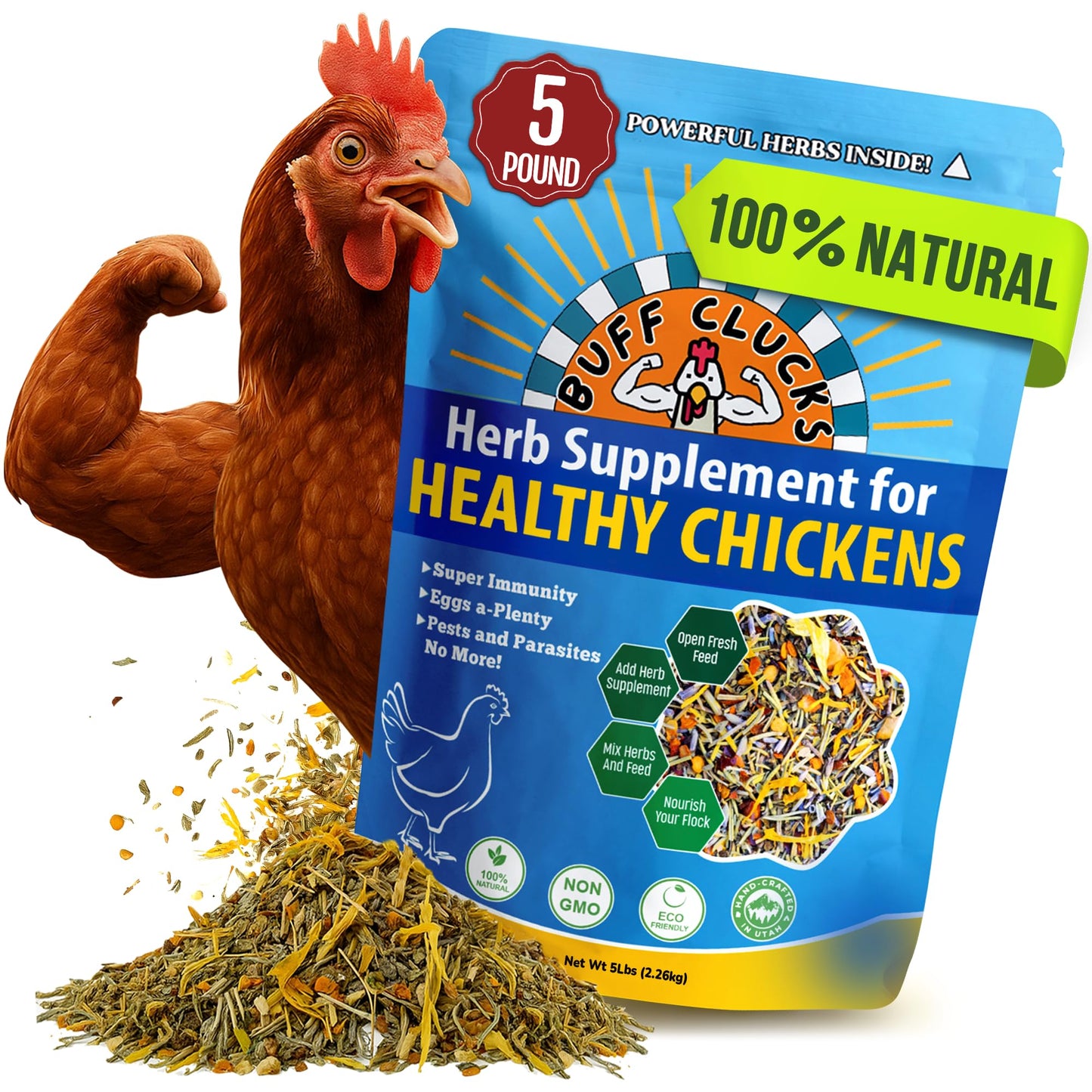 Buff Clucks Herb Supplement for Backyard Chickens - Natural Chicken Treats, Poultry Feed Botanical Mix, Plant-Based Coop Snacks for Daily Wellness, Feather Quality, Egg Production, USA (5 LB)