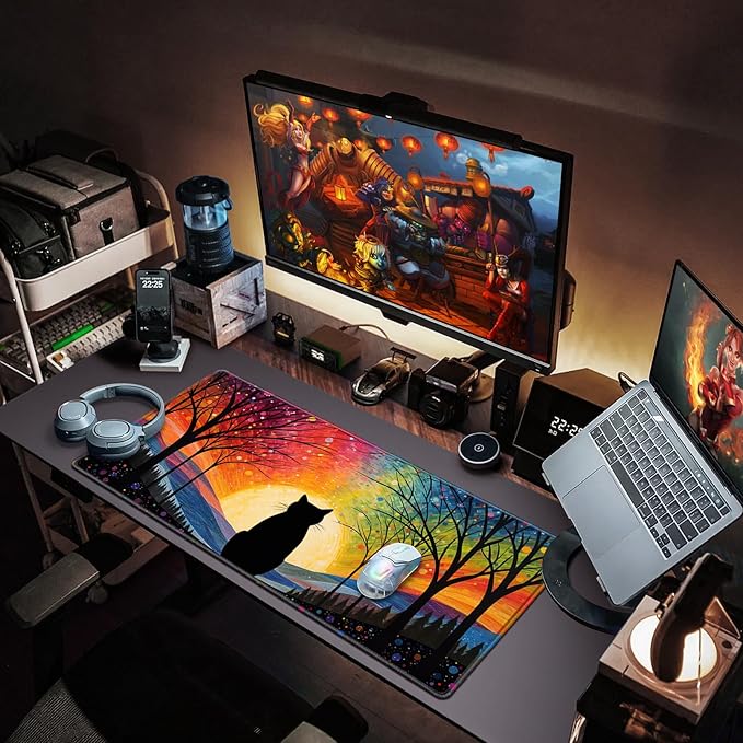 Canjoy Cute Black Cats Anime Mouse pad, 31.5x15.7inch Kawaii Computer Keyboard Mat Extended Large Gaming Mouse Pad with Non-Slip Rubber Base