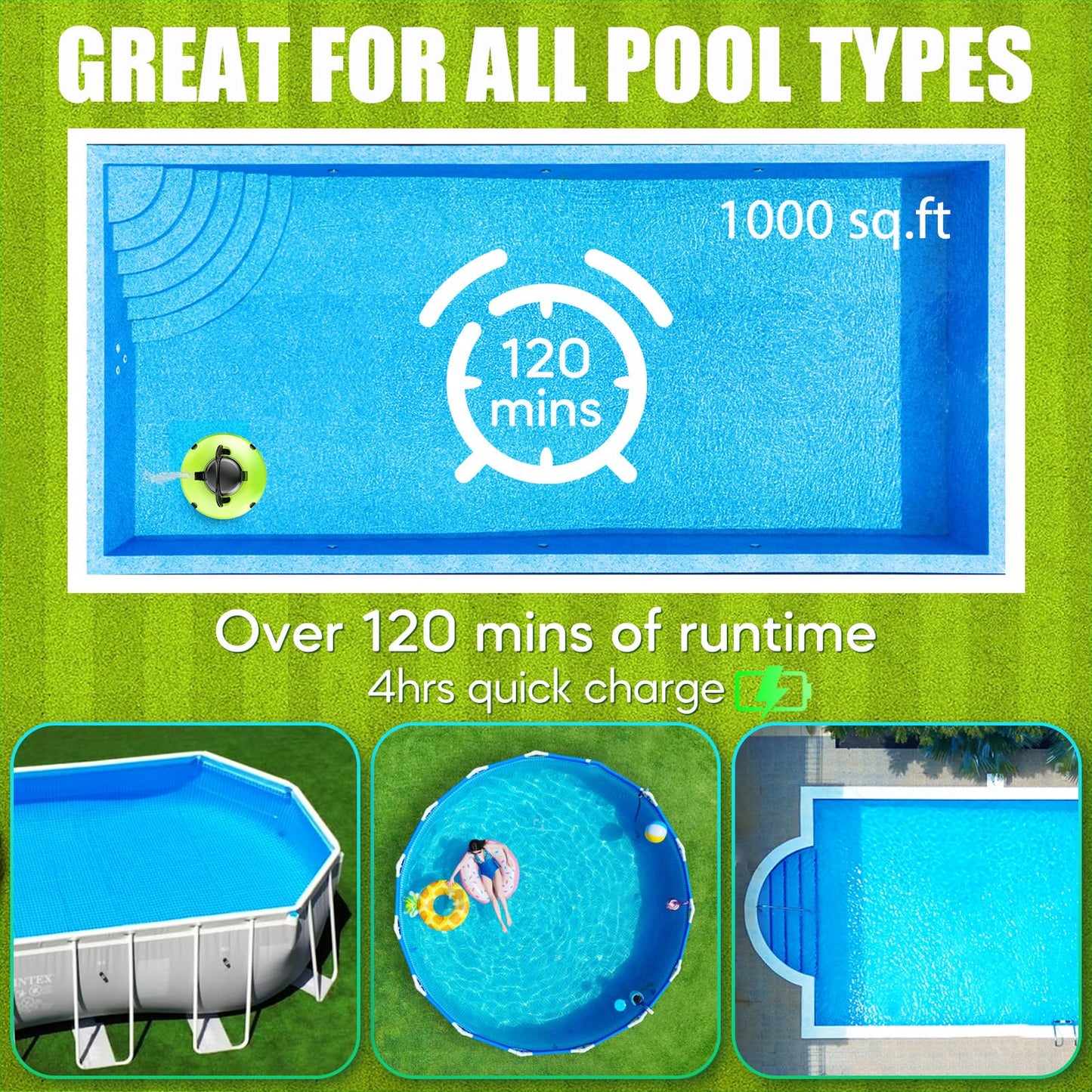 Baopilong 2026 Cordless Robotic Pool Cleaner - 120 Mins Automatic Pool Vacuum for Above Ground Pool & In - Ground Flat Pools up to 1000 Sq.Ft, Robot Pool Cleaner with Self - Parking Tech