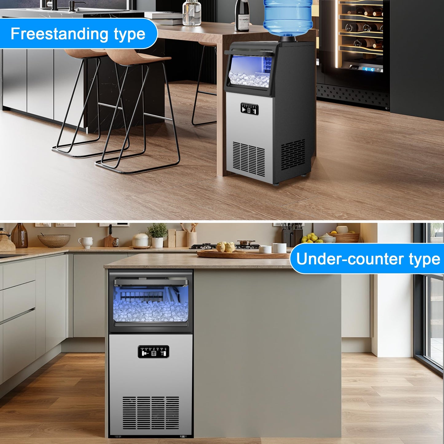 Commercial Ice Maker Machine 100LBS/24H, 36Ice Cubes/Cycle Stainless Steel Freestanding & Undercounter Ice Maker with 20LBS Storage, 2 Water Inlet Modes,Self-Cleaning for Homes,Bars,Restaurants