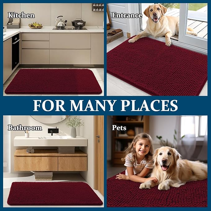 OLANLY Dog Door Mat for Muddy Paws 59x32, Absorbs Moisture and Dirt, Absorbent Non-Slip Washable Doormat, Quick Dry Chenille Mud Mat for Dogs, Entry Indoor Entryway Carpet for Inside Floor, Burgundy