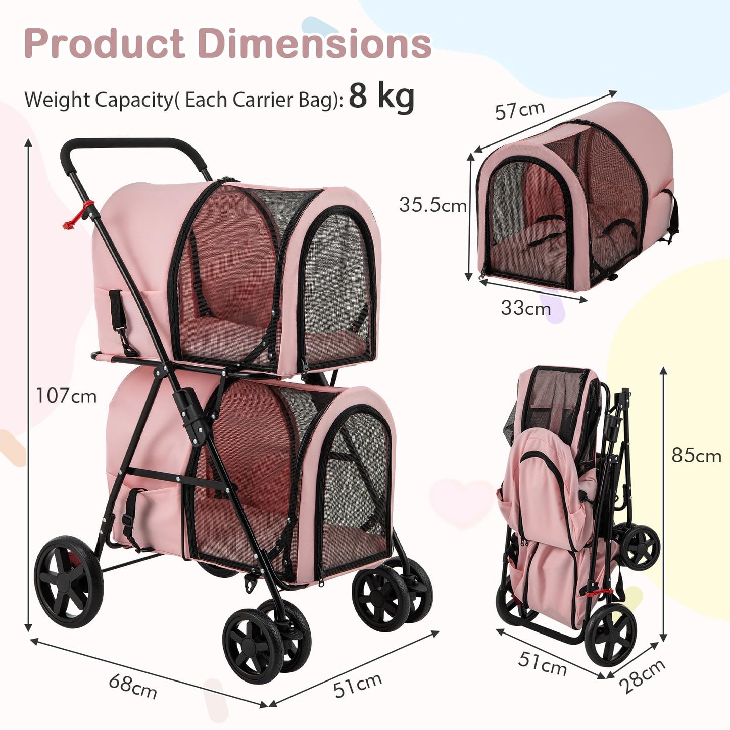 HAPPAWS Dog Stroller with 2 Detachable Carrier, Pet Stroller for Small Medium Dogs Cats, Jogger/Travel/Camping, 4-in-1 Doggy Pet Carrier, Carrier Strolling Cart with Lockable Wheels (Light Pink)