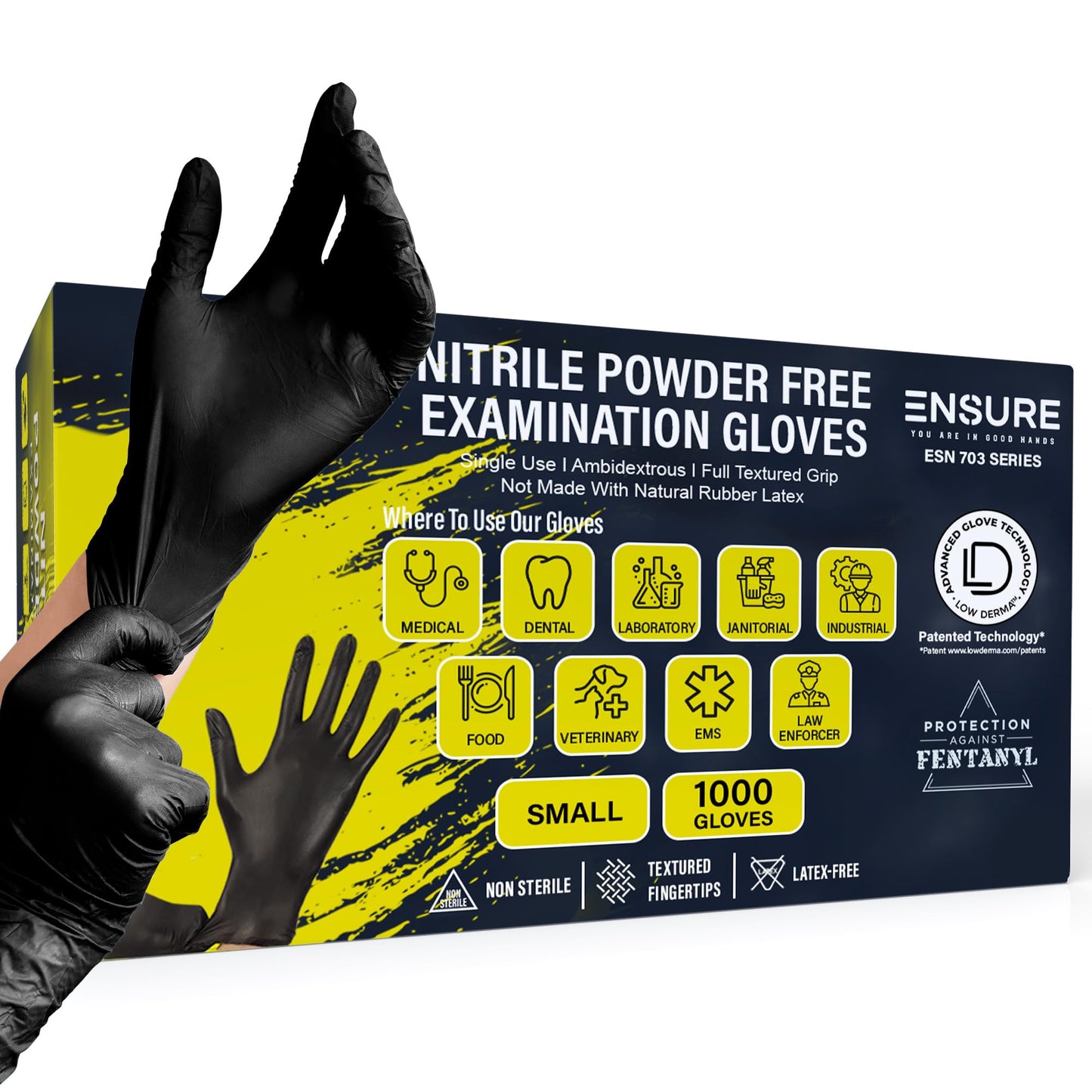 Ensure Black Nitrile Gloves – 7 Mil Heavy-Duty Disposable Gloves, Low Dermatitis, Powder & Latex Free, Puncture & Chemical Resistant for Mechanic, Industrial, Food Service, Medical Use (1000, Small)