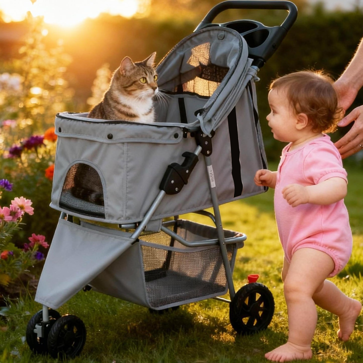 KMFurnila 3 Wheel Pet Stroller for Dogs and Cats, Foldable, Lightweight and Durable, Ideal for Small to Medium Pets, Includes Storage Basket and Cup Holders