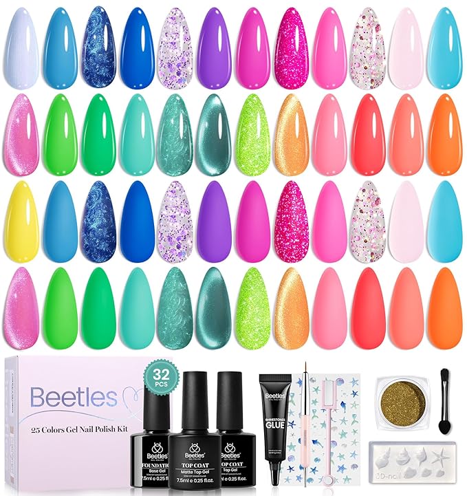 Beetles 25 Colors Gel Nail Polish Set, Spring Cat Eye Glitter Pearl Neon Blue Pink Green Gel Polish Kit with Chrome Nail Powder Soak Off UV LED Nail Art Salon DIY at Home Manicure Gift for Women