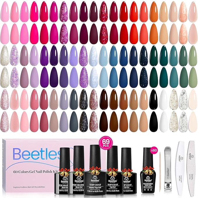 Beetles Gel Nail Polish Set - Transcendent Allure 60 Colors Gel Polish Kit Orange Burgundy Red Green Brown Blue White Black Purple Glitter with Base Top Coat UV LED Needed DIY Gifts for Women