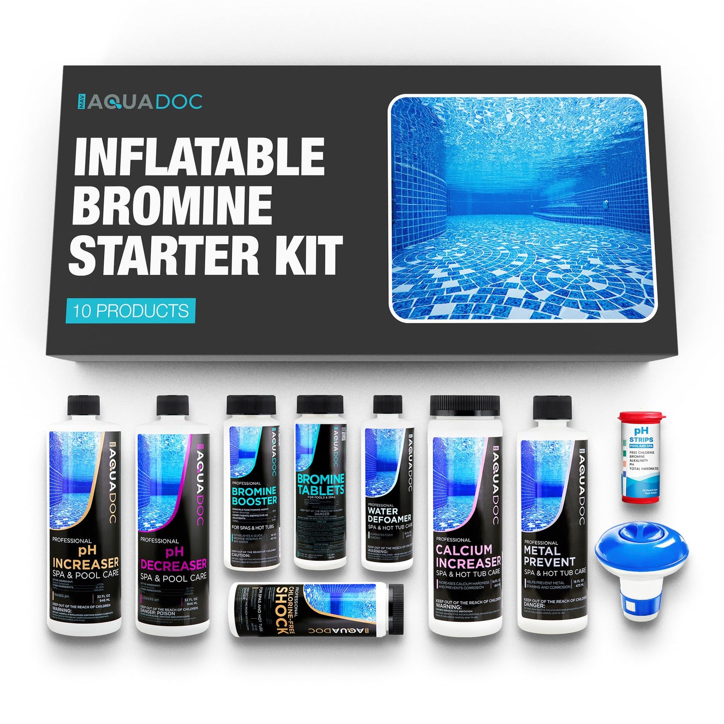 Inflatable Hot Tub Chemical Kit with Bromine Tablets - Inflatable Spa Starter Kit - Convenient Hot Tub Starter Kit & pH Control Kit - AquaDoc Inflatable Spa Chemicals