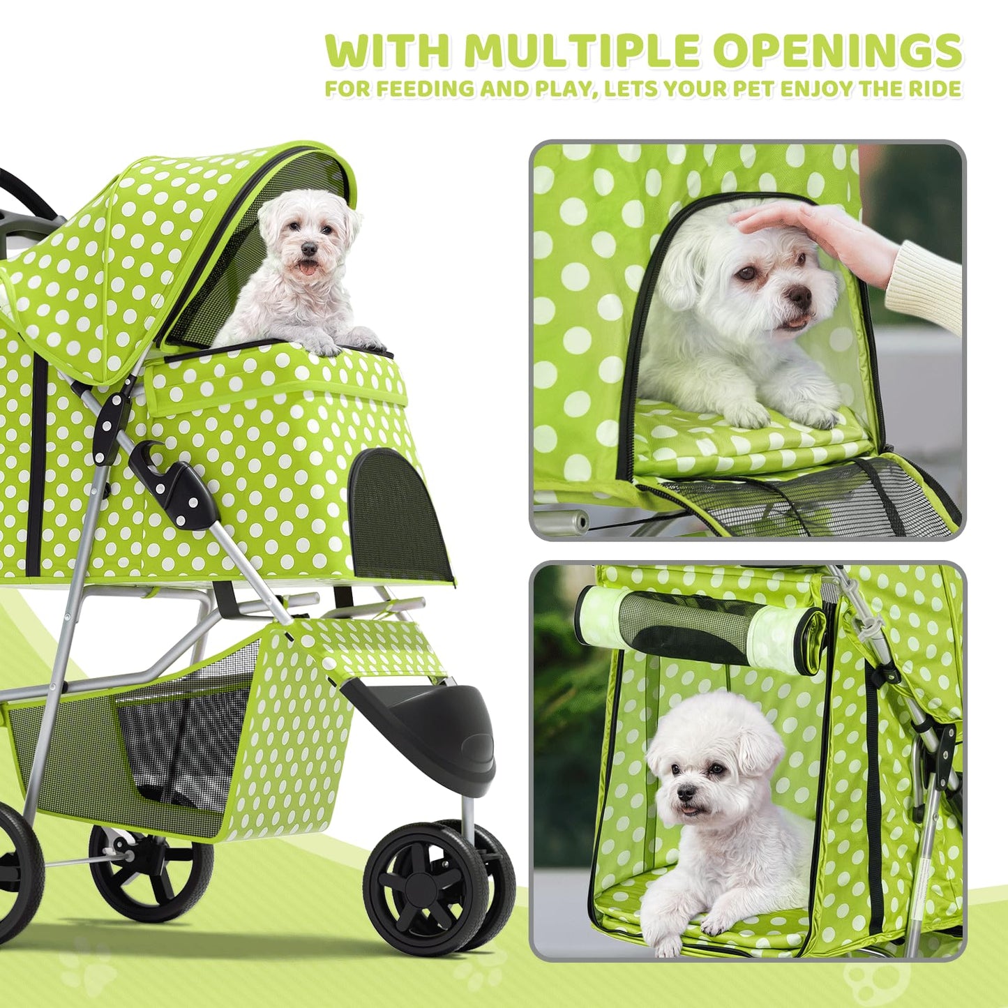 Magshion 3-Wheel Pet Stroller, Foldable Travel Jogger for Small & Medium Dogs & Cats (Up to 33lbs), Lightweight Carrier with Breathable Mesh Cover, Cup Holder & Storage Basket, Lawn Green Polka Dots