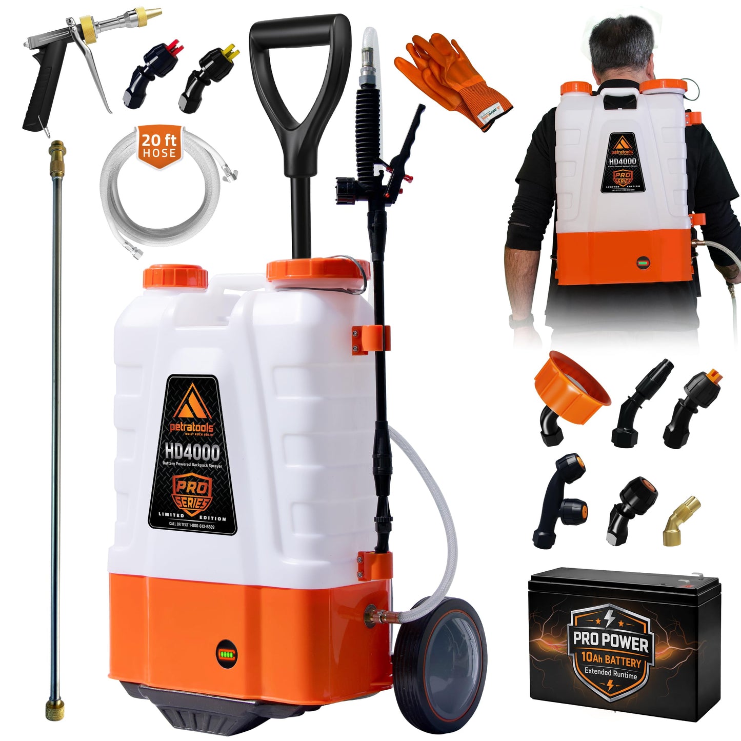 PetraTools Battery Powered Backpack Sprayer 4 Gallon - 8 Hours Long Battery Life & Padded Straps for Comfort - HD4000 Electric Backpack Garden Sprayer with 9 Spray Nozzles (HD4000 ProSeries with Cart)