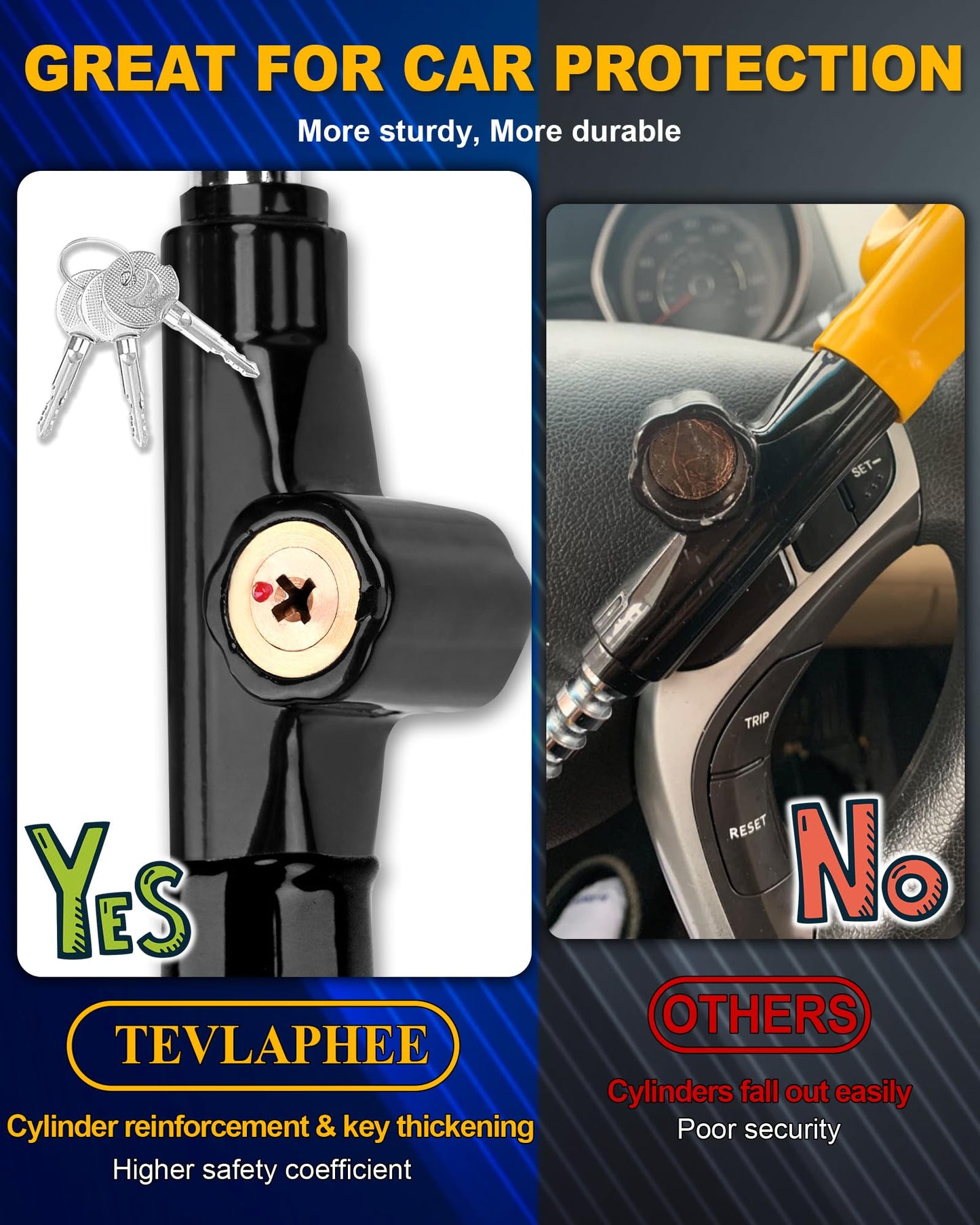Tevlaphee Steering Wheel Lock Anti-Theft Device Security Car Lock Anti Theft Car Device Visible Antitheft Locking Devices Adjustable Car Wheel Lock for Cars with 3 Keys (Black)