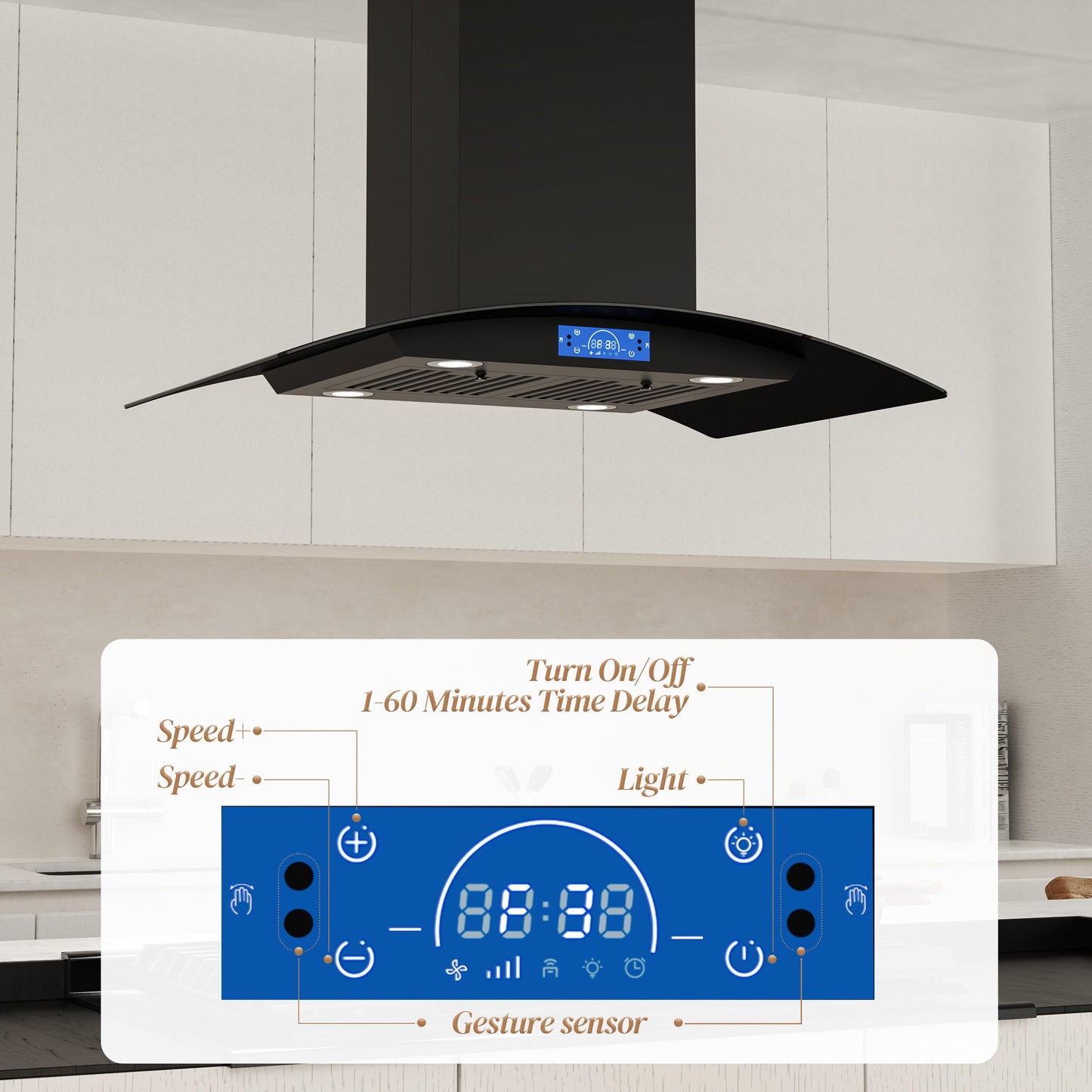 FIREGAS Black Island Range Hood 36 Inch, 700 CFM Ductless/Ducted Ceiling Mount Range Hood with 3 Speed Fan, Gesture, Remote & Touch Control, LED Light Vent Hood for Kitchen